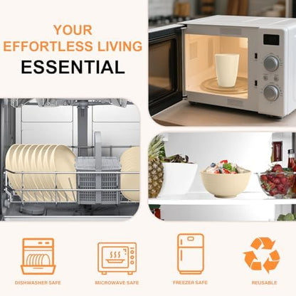 Wheat Straw Dishes Set Service for 8, Reusable Plastic Dinnerware Set 32 PCS, Kitchen Plates and Bowls sets, Unbreakable Microwave and Dishwasher Safe Camping Dishes for RV, Outdoor - Beige