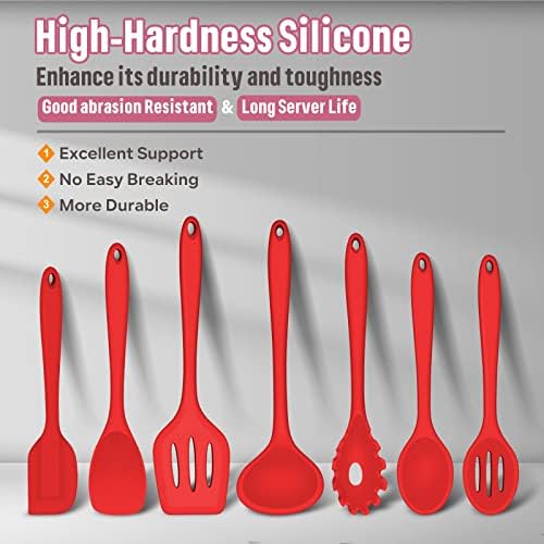 Silicone Cooking Utensils Set, E-far 7-Piece Red Heat Resistant Kitchen Utensils Set, Kitchen Nonstick Tools Spatula Ladle Spoon Pasta Server for Non-stick Cookware, Non-Toxic & Dishwasher safe