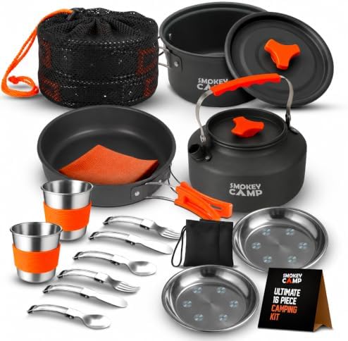 Smokey Camp Camping Cookware Mess Kit Set with Stove - Backpacking Camping Pots and Pans Set, All in One Non-Stick Camping Cooking Set, Portable Stove, Hiking, Picnic, Outdoor & Camping Cookware Set