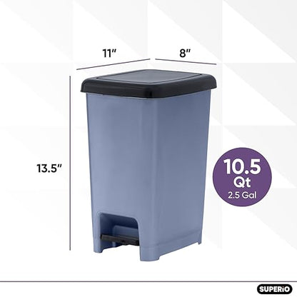 Superio Slim Trash Can with Foot Pedal – 2.5 Gallon Step-On Trash Can with Lid, Small Plastic Mini Garbage Can, for Bathroom, Kitchen, Office, Under Desk, Bedroom, Dorm – Grey/Black (2)