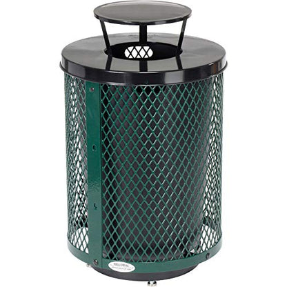 Global Industrial Outdoor Diamond Steel Trash Can with Rain Bonnet Lid, Raised Base and Plastic Liner, 36 Gallon Capacity, Green, Thermoplastic Coating, 23-1/2" Diameter, 43-1/2"H