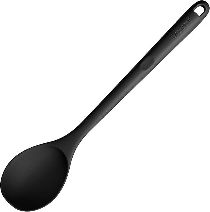 600ºF Heat Resistant Silicone Spoon: U-Taste 13.3in Solid Kitchen Cooking Spoon, Nonstick Food Grade Large & Long Soup Rubber Utensil for Mixing, Serving, Stirring, Basting, for Pot Cookware (Black)