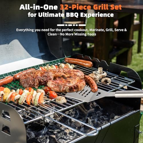 BBQ Grill Accessories, 32Pcs Grilling Gifts for Men Birthday Fathers Day, Heavy Duty Stainless Steel Grill Tool Set, Grill Utensils Kit for Outdoor Grill with Case, Thermometer & Meat Injector