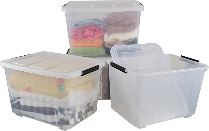 70 Quart Clear Plastic Large Storage Box with Wheels, 4-Pack Plastic Storage Bins with Lids