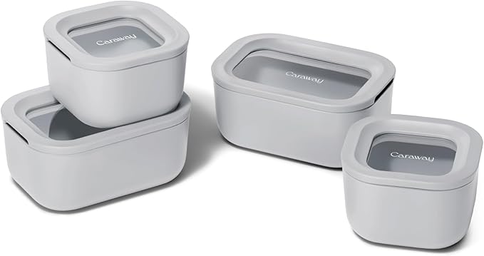 Caraway Mini Food Storage 9pc Set - Glass Storage Containers for Food - Non-Toxic Ceramic-Coated Glass - Air Release Technology - Compact & Stackable Design - Gray
