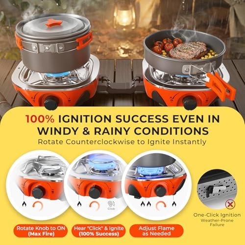 20000 BTU Propane Camping Stove with Cookware Set & Carry Bag Orange