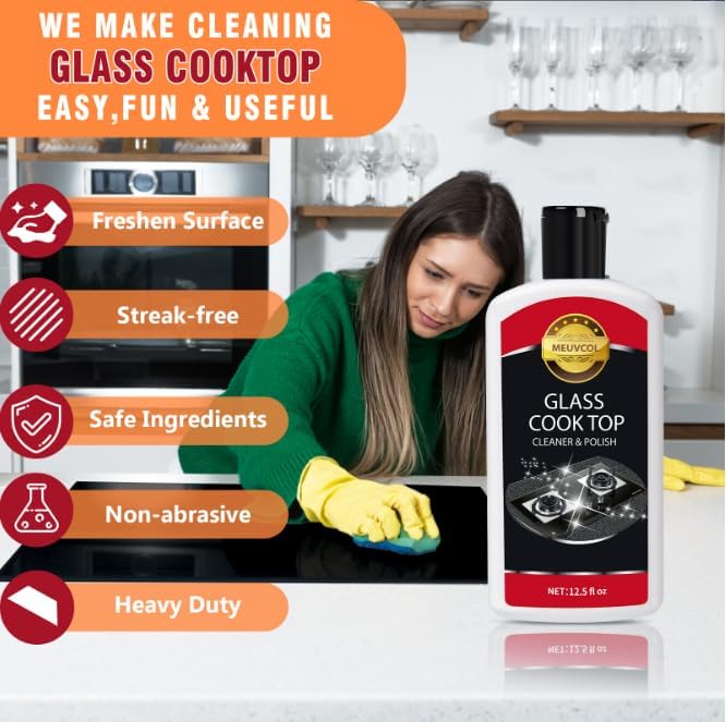 Glass Stove Top Cleaner Kit, 12 Oz Glass Cooktop Cleaner Non-Abrasive, Stove Oven Cleaner & Polish For Ceramic, Electric, Induction, Flat Top Stovetop, Gas - With Scrubbing Pad, Scraper, Cloth