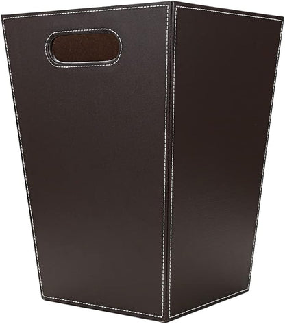 KINGFOM Classic Pu Leather Trash Can Wastebasket, Garbage Container Bin with Handles for Bathrooms, Powder Rooms, Kitchens, Home, Office and and High Class Hotel Square Brown