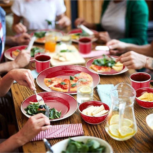 Nuogo 24 Pcs Camping Dinnerware Enamel Mugs Plates Bowls Utensils, Red