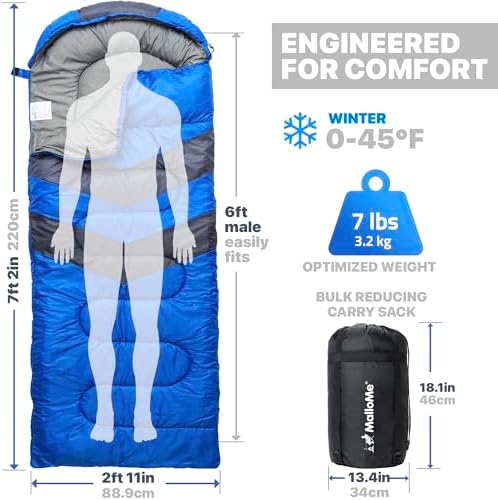MalloMe Sleeping Bags for Adults Cold Weather & Warm - Backpacking Camping Sleeping Bag for Kids 10-12, Girls, Boys - Lightweight Compact Camping Essentials Gear Accessories Hiking Sleep Must Haves