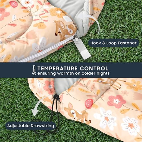 Wake In Cloud - Kids Sleeping Bag for Girls Toddlers, Camping in Warm Cold Weather, Backpacking Lightweight Compact Outdoor Liner for 3 Seasons, Deer Floral Garden