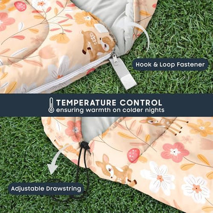 Wake In Cloud - Kids Sleeping Bag for Girls Toddlers, Camping in Warm Cold Weather, Backpacking Lightweight Compact Outdoor Liner for 3 Seasons, Deer Floral Garden