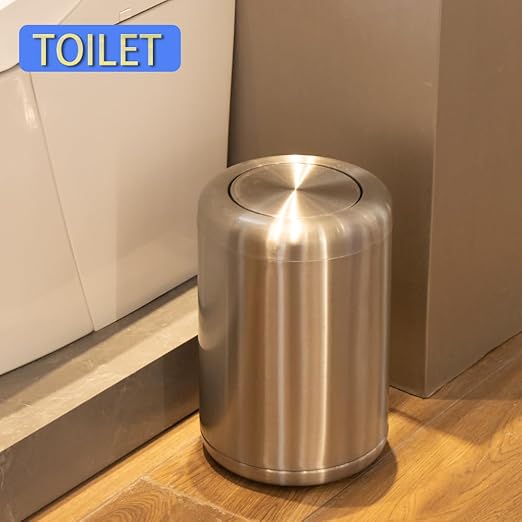 Waste Can 3 Gallon with Swing Lid，Brushed Stainless Steel Trash Can，Metal Cylindrical Garbage Can，Brass Wastebasket Bin for Bathroom,LivingRoom,Office,Kitchen,Bedroom,Hotel (Sliver)
