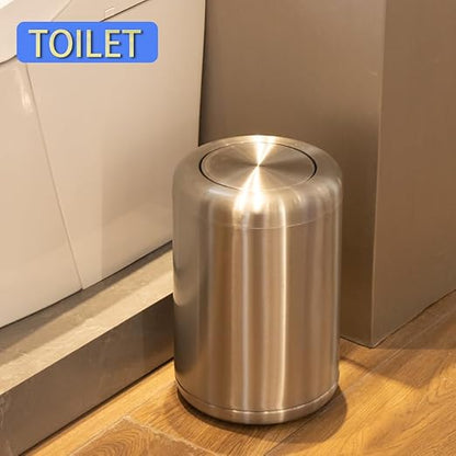 Waste Can 3 Gallon with Swing Lid，Brushed Stainless Steel Trash Can，Metal Cylindrical Garbage Can，Brass Wastebasket Bin for Bathroom,LivingRoom,Office,Kitchen,Bedroom,Hotel (Sliver)