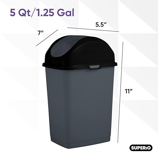 Superio Mini Plastic Trash Can with Swing Top Lid 1.25 Gallon Compact Small Waste Bin Portable Garbage Can for Countertop, Desktop, Make up Vanity, Bathroom, Car, Under Sink, Dorm,(Grey)