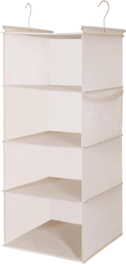 MAX Houser 4 Tier Shelf Hanging Closet Organizer, Space Saver,Closet Hanging Shelf with 2 Sturdy Hooks for Storage, Foldable (Beige)
