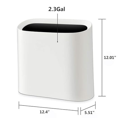 SUBEKYU 2.3 Gal Trash Can for Bathroom,Small Office Garbage Can for Kitchen,Slim Rectangular Waste Bin,Plastic,White