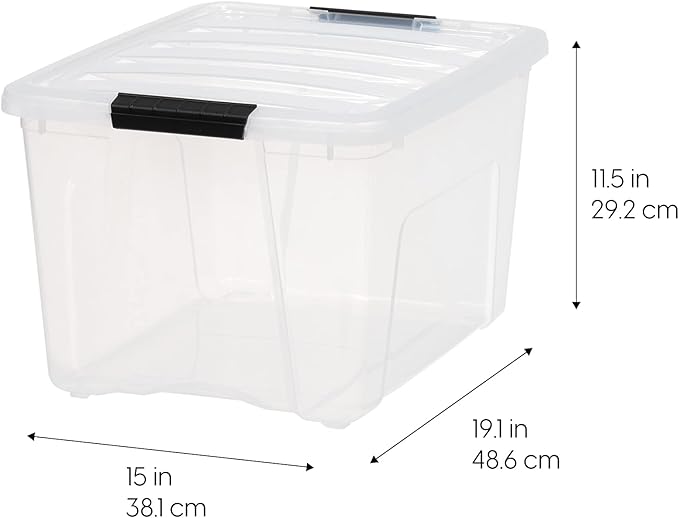IRIS USA 40 Qt Stackable Plastic Storage Bins with Lids, 6 Pack - BPA-Free, Made in USA - See-Through Organizing Solution, Latches, Durable Nestable Containers, Secure Pull Handle - Clear