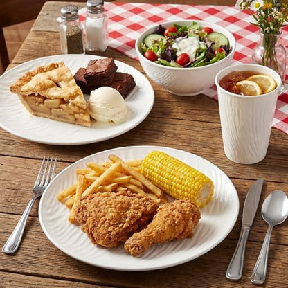 18pcs White Plastic PLates and Bowls Sets Heavy Duty includes Plastic Plates Reusable and Elegant Wheat Bowls and Rock-textured Design Cups for 6 People Outdoor Picnic,Camping Trip,Beach Day