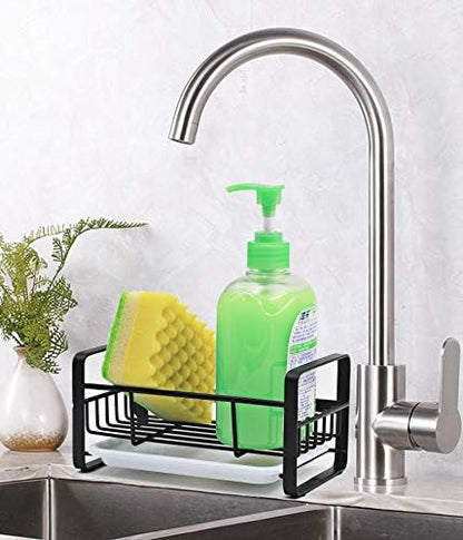 Sponge Holder with Drain Pan - Kitchen Sink Organizer - Sink Caddy Holder - Sink Tray - Soap Holder - Stainless Steel (Black)