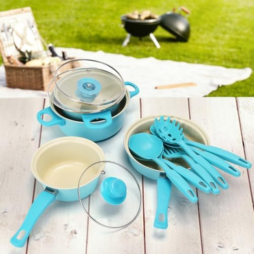 Non-Stick Cookware Set, 13 Piece Set Portable Lightweight Cast Iron Pots and Pans with Glass Lids and Nylon Utensils, Outdoor Camping Picnic Travel