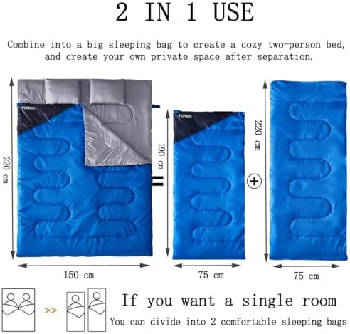 Tuphen Double Sleeping Bag, Sleeping Bag with 2 Pillows, Queen Size XL Bag for 2 People, Cold Warm Weather- 3 Seasons, Waterproof Adults for Camping, Backpacking or Hiking
