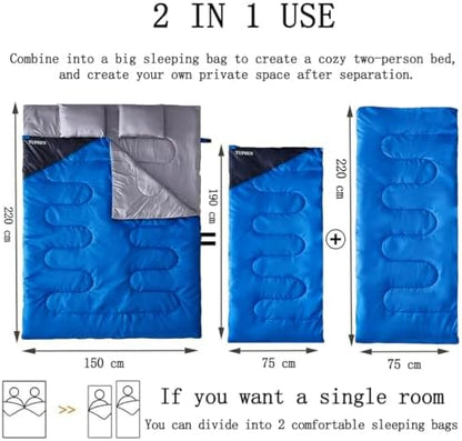 Tuphen Double Sleeping Bag, Sleeping Bag with 2 Pillows, Queen Size XL Bag for 2 People, Cold Warm Weather- 3 Seasons, Waterproof Adults for Camping, Backpacking or Hiking