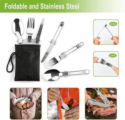Camping Cooking Set Camping Cookware Outdoor Aluminum Mess Kit with Frying Pan, Pot with Lid, 1.2L Kettle Set and 2 Stainless Steel Plate, 2 Folding Cups and 2 Set Knives Spoons for Backpacking Picnic