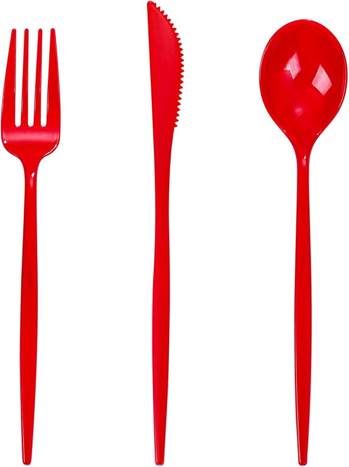 PULOTE 150PCS Red Plastic Silverware Set - Heavy Duty Plastic Cutlery - Red Utensils Disposable Include 50 Forks, 50 Spoons, 50 Knives for Party, Wedding & Mother’s Day