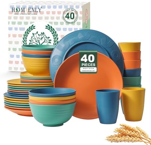 Homienly 40-Piece Premium Wheat Straw Dinnerware Sets, Service for 8, Unbreakable Plates and Bowls Set - Cups Sets, Dinner Plates, Bowls for Kitchen,Dishwasher and Microwave Safe Dishes Set - Multi