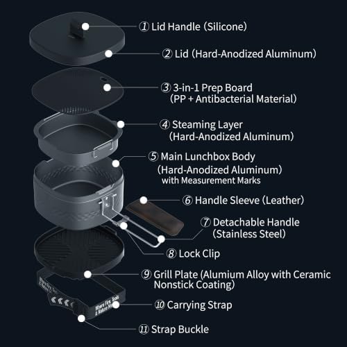 Camping Cooking Set, Outdoor Cookware with Pot, Steamer, Griddle, Cutting Board & Storage Case, Lightweight Hard-Anodized Aluminum Cook Set for Backpacking, Hiking & Camp Cooking