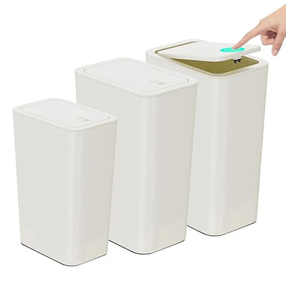 N. NETDOT Bathroom Trash Can with Lid 3 Pack Set,2 Packs 4Gal Slim Kitchen Trash Can and 1 Pack 2.6Gal Garbage Can,Small Trash Bin/Waste Basket for Bedroom,Office(Off White)