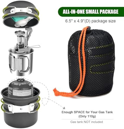 Odoland 8pcs Camping Cookware Mess Kit, Camping Pot and Pan Set with Mini Backpacking Stove, Stainless Steel Cup, Spork and Tank Bracket, Cooking Gear for Outdoor, Hiking, Picnic, Campfire