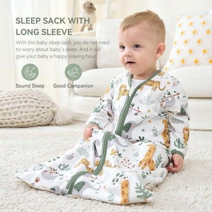 Baby Sleep Sack 18-24 Months, Long Sleeve Baby Wearable Blanket 0.5 Tog with Mittens, 2-Way Zipper Toddler Cotton Sleeping Sack for Boy and Girl Green Giraffe 2 Pack(XLarge)