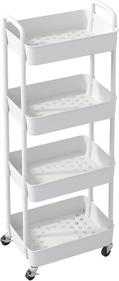 Sywhitta 4-Tier Plastic Rolling Utility Cart with Handle, Multi-Functional Storage Trolley for Office, Living Room, Kitchen, Movable Storage Organizer with Wheels, White