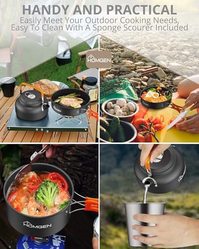 HOMGEN Portable Ultralight Anodized Aluminum Camping Cookware Set - Nesting Camping Pot and Pan-800ml Insulated Teapot-Carrying Bag-for Camping Hiking Picnic RV Trip