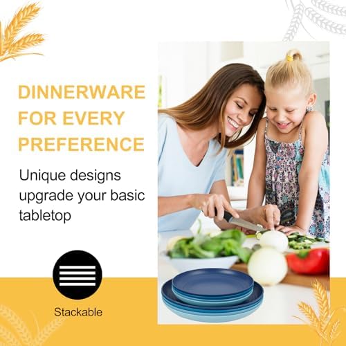 Rubtlamp 16pcs Wheat Straw Dinnerware Set, Unbreakable Plates And Bowls Sets of 4, Plastic Plates Set Reusable (Light Deep Four Colors) Daily