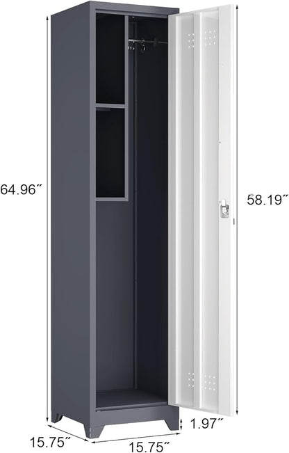 Metal Broom Storage Cabinets, Narrow Cabinet with Hooks, 65" Slim Bathroom Storage Cabinet with Shelves, Heavy-Duty Cleaning Cabinets for Utility Room, Gym, Office, Garage