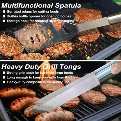 POLIGO 22PCS Heavy Duty BBQ Grill Accessories Set, Non-Slip Grill Tools for Outdoor Grill Set Stainless Steel Grill Utensils Set, Deluxe Grilling Tools Set in Aluminum Case Ideal Gifts for Men Silver