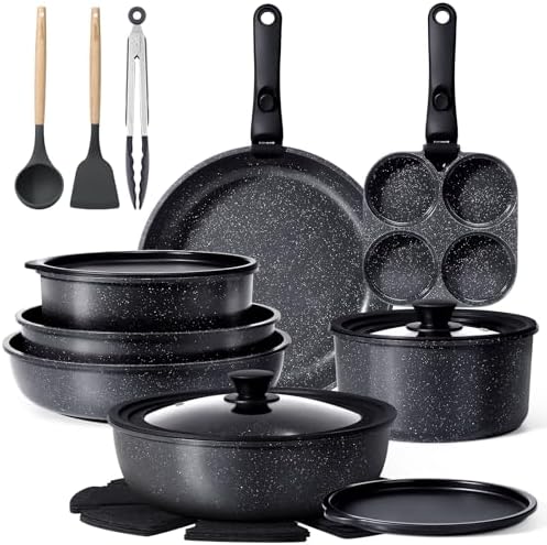 GIPP Pots and Pans Set Non Stick,Kitchen Cookware Set Detachable Handle, Non Toxic Cooking Pan Set with Frying Pans Set,RV Cookware Sets for All Stoves, Dark Grey, 21PCS