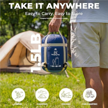 Ultralight Warm Weather Sleeping Bag - Portable, Waterproof, Compact Lightweight, Comfort with Compression Sack - Great for Outdoor Camping, Backpacking & Hiking