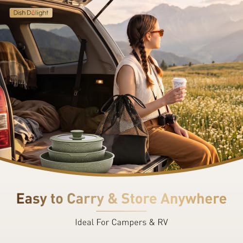 DishDelight Detachable Handle Camping Pots and Pans Set Non Stick