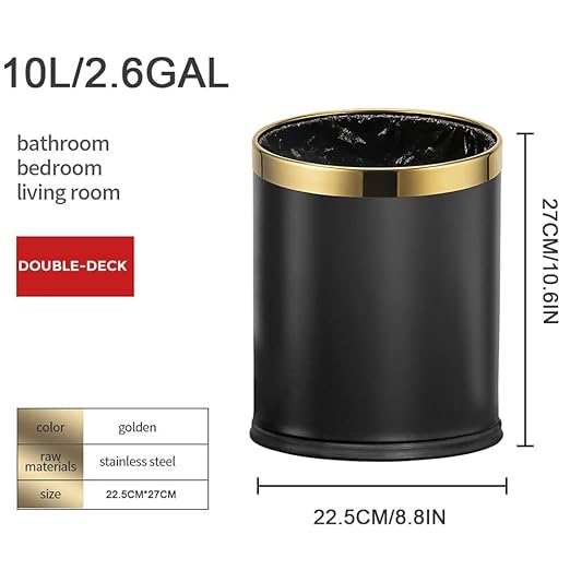 10L/2.6GAL Black and Gold Open Top Trash Can - Metal Trash Bin Without Lid for Office, Hotel, Store, Restaurant