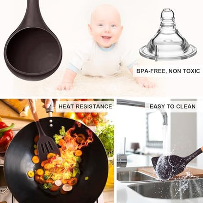 MIBOTE Silicone Cooking Kitchen Utensils Set, Wooden Handle, Coffee