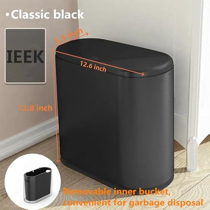IEEK Plastic Trash Can with Press Top Lid,3.2 Gallon /12 Liter Garbage Can,Black Modern Waste Basket Thin Trash Cans for Bathroom,Kitchen,Living Room,Office and Narrow Spaces