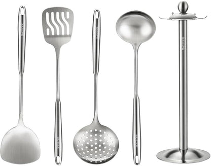 5 Pieces Cooking Utensils set, 18/8 Stainless Steel Kitchen Utensil Set with Rotating Holder (Dishwasher Safe)