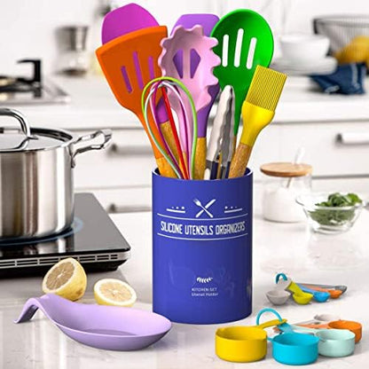Umite Chef Kitchen Cooking Utensils Set, 33 pcs Non-stick Silicone Cooking Kitchen Utensils Spatula Set with Holder, Wooden Handle Silicone Kitchen Gadgets Utensil Set (Colorful)