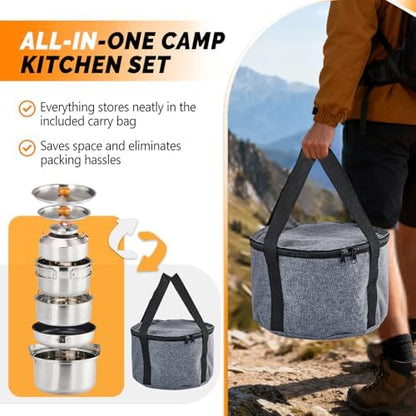 Bonnlo Camping Cookware Set, Lightweight Stainless Steel Nesting Cooking Mess Kit with Carrying Bag for 4-6 Campfire Cooking,Camp Kitchen, Outdoor