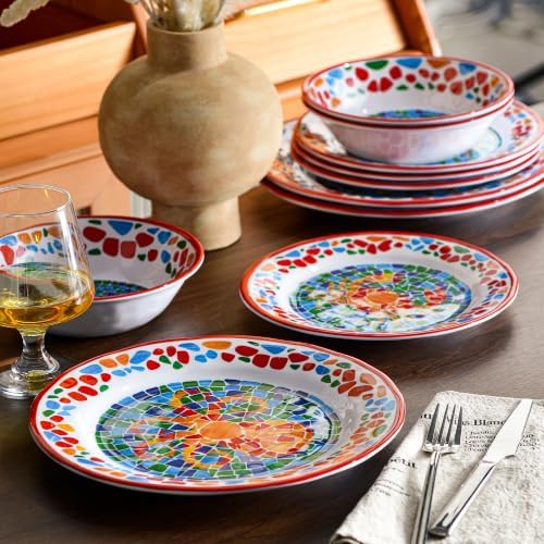Melamine Dinnerware Set, 12 Pcs Dishware Sets, Plate and Bowl Set for 4