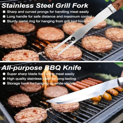 POLIGO 22PCS Heavy Duty BBQ Grill Accessories Set, Non-Slip Grill Tools for Outdoor Grill Set Stainless Steel Grill Utensils Set, Deluxe Grilling Tools Set in Aluminum Case Ideal Gifts for Men Brown
